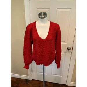 Johanna Ortiz Red & Maroon V-Neck Angora Knit Bishop Sleeve Sweater, Size Small